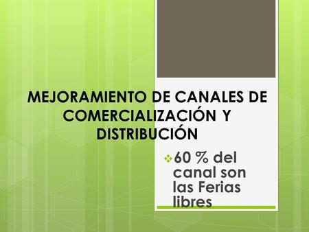MEJORAMIENTO DE CANALES DE COMERCIALIZACIÓN Y DISTRIBUCIÓN  60 % del canal son las Ferias libres.