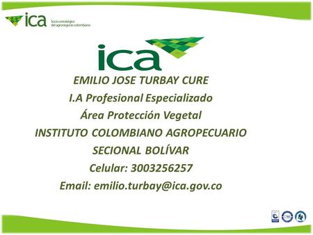 EMILIO JOSE TURBAY CURE I.A Profesional Especializado Área Protección Vegetal INSTITUTO COLOMBIANO AGROPECUARIO SECIONAL BOLÍVAR Celular: