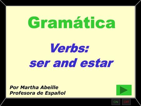 ONOFF Por Martha Abeille Profesora de Español What is the meaning of “to be” in Spanish? Conjugation of “to be” in English Conjugations of “ser and estar”