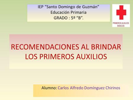RECOMENDACIONES AL BRINDAR LOS PRIMEROS AUXILIOS Alumno: Carlos Alfredo Domínguez Chirinos IEP “Santo Domingo de Guzmán” Educación Primaria GRADO : 5º.