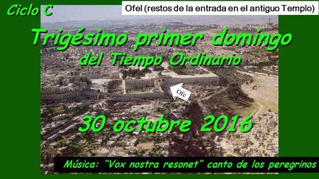 Ciclo C Trigésimo primer domingo del Tiempo Ordinario 30 octubre 2016 Música: “Vox nostra resonet” canto de los peregrinos Ofel (restos de la entrada.