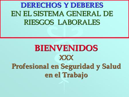 DERECHOS Y DEBERES EN EL SISTEMA GENERAL DE RIESGOS LABORALES BIENVENIDOSXXX Profesional en Seguridad y Salud en el Trabajo.