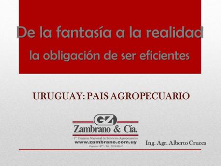De la fantasía a la realidad la obligación de ser eficientes Ing. Agr. Alberto Cruces URUGUAY: PAIS AGROPECUARIO.