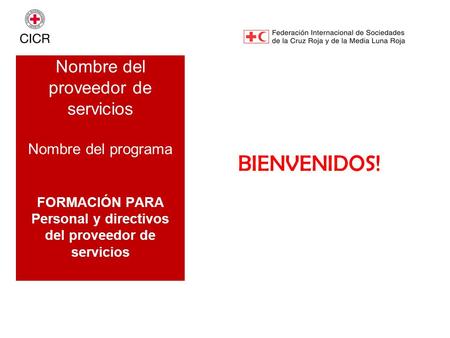 BIENVENIDOS! Nombre del proveedor de servicios Nombre del programa FORMACIÓN PARA Personal y directivos del proveedor de servicios.