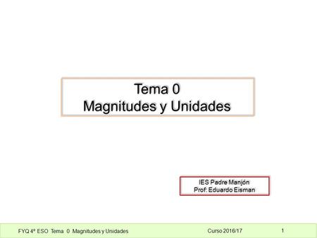 FYQ 4º ESO Tema 0 Magnitudes y Unidades Curso 2016/17 1 Tema 0 Magnitudes y Unidades Tema 0 Magnitudes y Unidades IES Padre Manjón Prof: Eduardo Eisman.