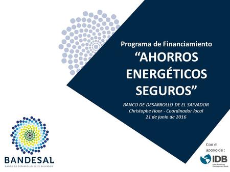 Programa de Financiamiento “AHORROS ENERGÉTICOS SEGUROS” BANCO DE DESARROLLO DE EL SALVADOR Christophe Hoor - Coordinador local 21 de junio de 2016 Con.