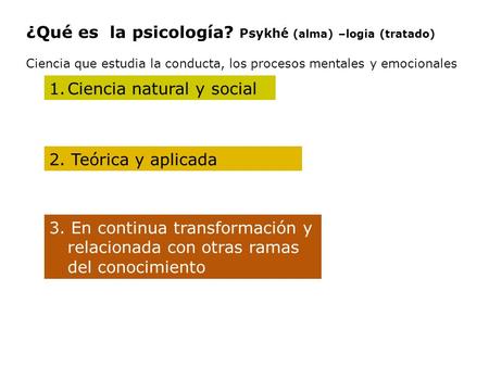 ¿Qué es la psicología? Psykhé (alma) –logia (tratado) Ciencia que estudia la conducta, los procesos mentales y emocionales 1.Ciencia natural y social 2.