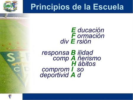 E ducación F ormación div E rsión responsa B ilidad comp A ñerismo H ábitos comprom I so deportivid A d Principios de la Escuela.
