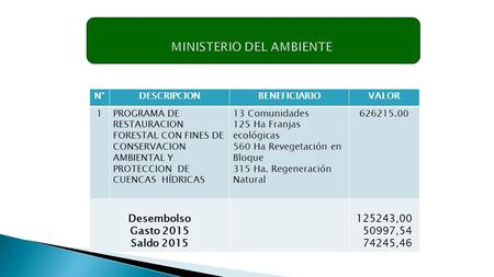 N°DESCRIPCIONBENEFICIARIOVALOR 1PROGRAMA DE RESTAURACION FORESTAL CON FINES DE CONSERVACION AMBIENTAL Y PROTECCION DE CUENCAS HÍDRICAS 13 Comunidades 125.