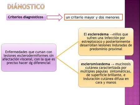 Criterios diagnósticos un criterio mayor y dos menores Enfermedades que cursan con lesiones esclerodermiformes sin afectación visceral, con la que es preciso.