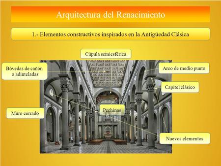 1.- Elementos constructivos inspirados en la Antigüedad Clásica Muro cerrado Arco de medio punto Capitel clásico Bóvedas de cañón o adinteladas Cúpula.