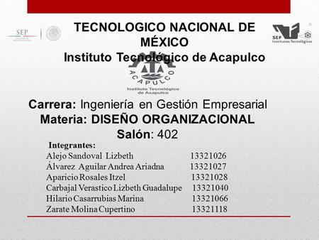 Carrera: Ingeniería en Gestión Empresarial Materia: DISEÑO ORGANIZACIONAL Salón: 402 TECNOLOGICO NACIONAL DE MÉXICO Instituto Tecnológico de Acapulco Integrantes: