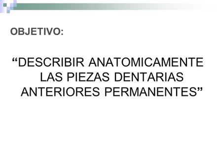 OBJETIVO: “DESCRIBIR ANATOMICAMENTE LAS PIEZAS DENTARIAS ANTERIORES PERMANENTES”