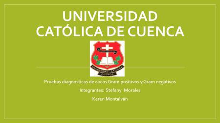 UNIVERSIDAD CATÓLICA DE CUENCA Pruebas diagnosticas de cocos Gram positivos y Gram negativos Integrantes: Stefany Morales Karen Montalván.