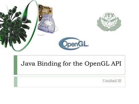 Java Binding for the OpenGL API Unidad III. ¿Qué es OpenGL? Open GL es un entorno de desarrollo portable de aplicaciones gráficas interactivas en 2D y.