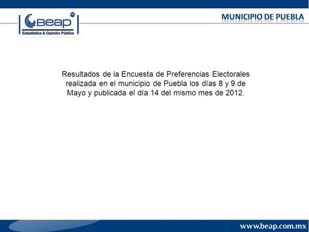 Resultados de la Encuesta de Preferencias Electorales realizada en el municipio de Puebla los días 8 y 9 de Mayo y publicada el día 14 del mismo mes de.