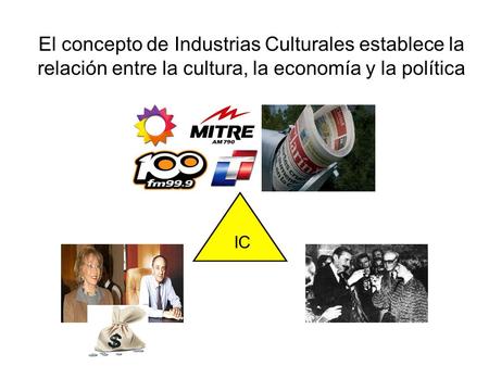 El concepto de Industrias Culturales establece la relación entre la cultura, la economía y la política IC.