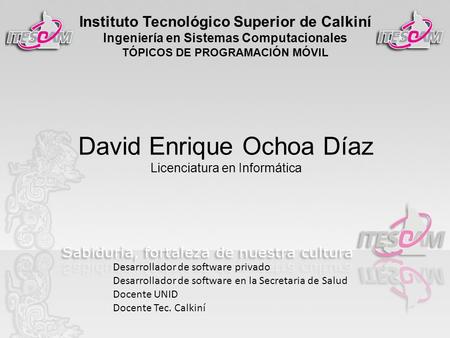 Instituto Tecnológico Superior de Calkiní Ingeniería en Sistemas Computacionales TÓPICOS DE PROGRAMACIÓN MÓVIL David Enrique Ochoa Díaz Licenciatura en.
