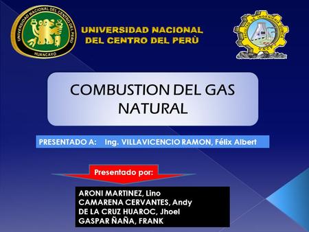 COMBUSTION DEL GAS NATURAL ARONI MARTINEZ, Lino CAMARENA CERVANTES, Andy DE LA CRUZ HUAROC, Jhoel GASPAR ÑAÑA, FRANK PRESENTADO A: Ing. VILLAVICENCIO RAMON,
