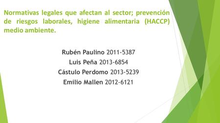 Rubén Paulino Luis Peña Cástulo Perdomo Emilio Mallen Normativas legales que afectan al sector; prevención de riesgos.