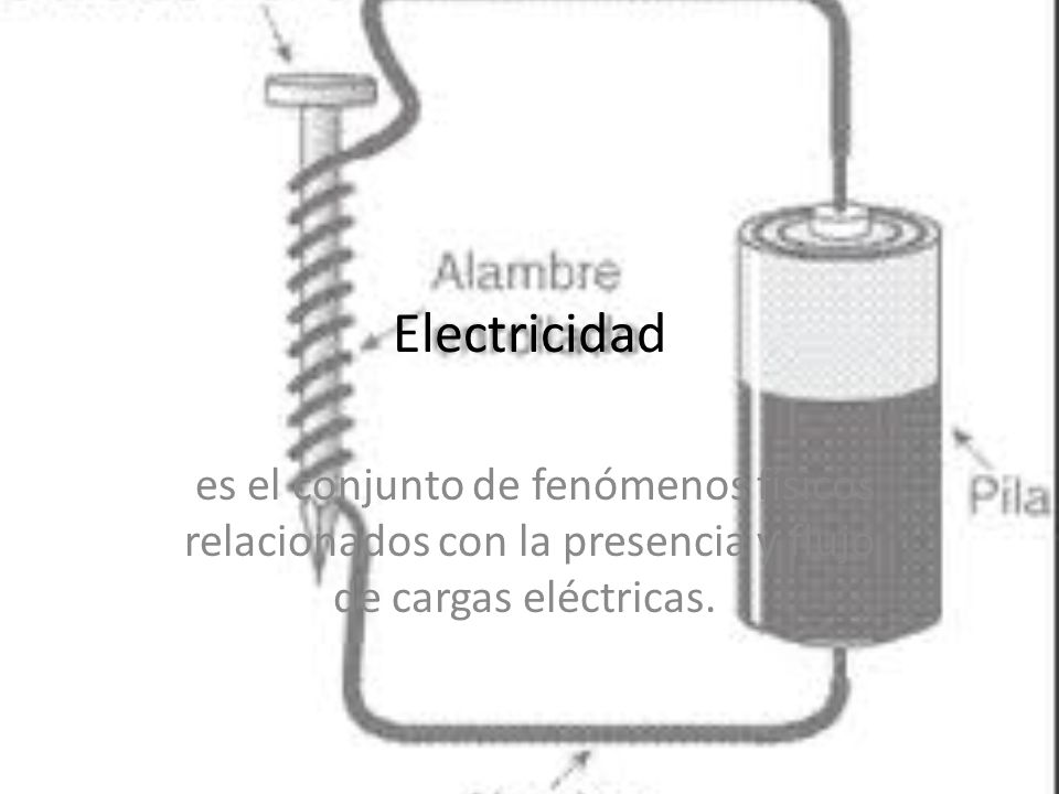  Electricidad es el conjunto de fenómenos físicos relacionados con la presencia y flujo de cargas eléctricas.
