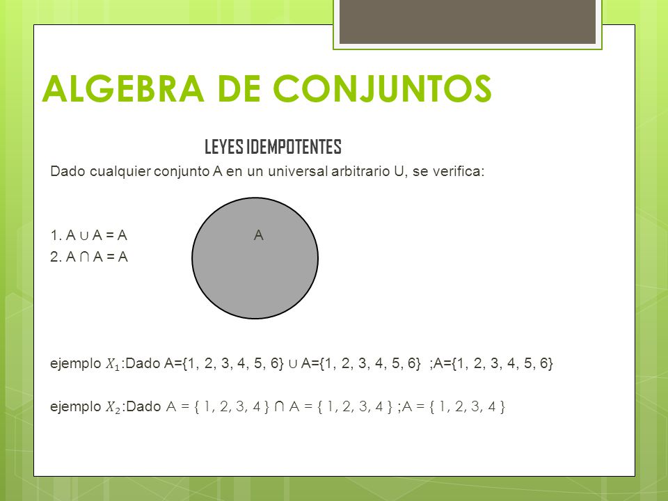 ALGEBRA DE CONJUNTOS LEYES IDEMPOTENTES Dado cualquier conjunto A en un  universal arbitrario U, se verifica: 1. A ∪ A = A A 2. A ∩ A = A ejemplo -  ppt descargar