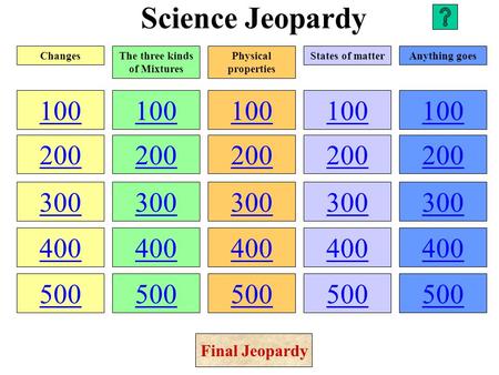Science Jeopardy ChangesThe three kinds of Mixtures.