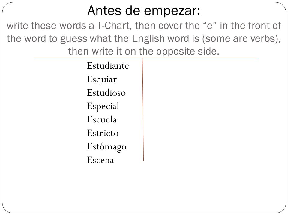 Antes De Empezar Write These Words A T Chart Then Cover The E In The Front Of The Word To Guess What The English Word Is Some Are Verbs Then Write Ppt Antes De Empezar Write These Words A T Chart Then Cover The E In The Front Of The Word To Guess What The English Word Is Some Are Verbs Then Write Ppt
