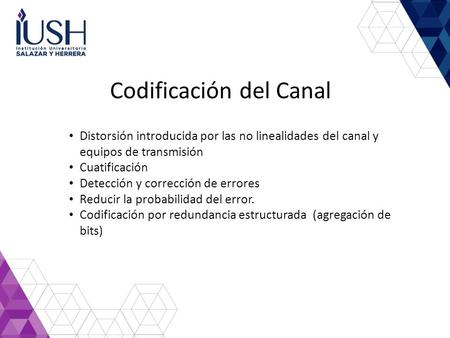 Codificación del Canal Distorsión introducida por las no linealidades del canal y equipos de transmisión Cuatificación Detección y corrección de errores.