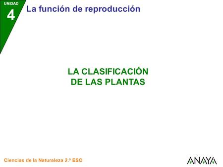 UNIDAD 4 La función de reproducción Ciencias de la Naturaleza 2.º ESO LA CLASIFICACIÓN DE LAS PLANTAS.