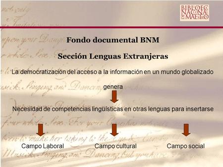 Fondo documental BNM Sección Lenguas Extranjeras La democratización del acceso a la información en un mundo globalizado genera Necesidad de competencias.