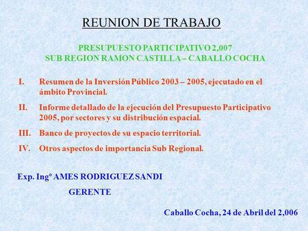 REUNION DE TRABAJO PRESUPUESTO PARTICIPATIVO 2,007 SUB REGION RAMON CASTILLA – CABALLO COCHA I.Resumen de la Inversión Público 2003 – 2005, ejecutado en.