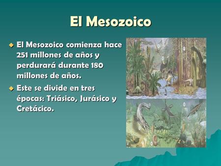 El Mesozoico El Mesozoico comienza hace 251 millones de años y perdurará durante 180 millones de años. Este se divide en tres épocas: Triásico, Jurásico.