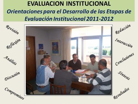 EVALUACION INSTITUCIONAL Orientaciones para el Desarrollo de las Etapas de Evaluación Institucional 2011-2012 Revisión Reflexión Análisis Discusión Síntesis.