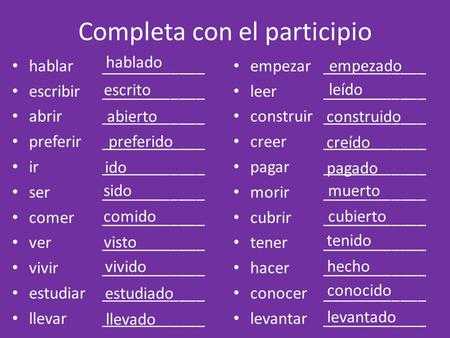 Completa con el participio hablar____________ escribir____________ abrir____________ preferir____________ ir____________ ser____________ comer____________.
