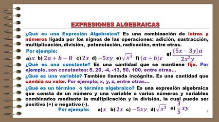 1 EXPRESIONES ALGEBRAICAS Por ejemplo: ¿Qué es una Expresión Algebraica? Es una combinación de letras y números ligada por los signos de las operaciones: