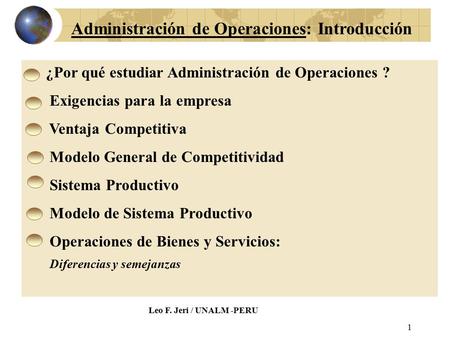 1 ¿Por qué estudiar Administración de Operaciones ? Exigencias para la empresa Ventaja Competitiva Modelo General de Competitividad Sistema Productivo.