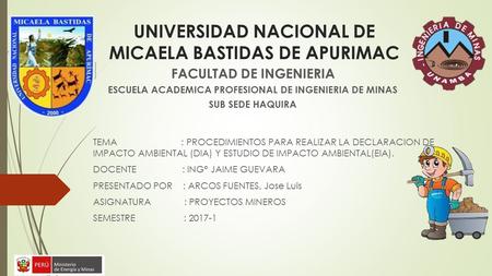 UNIVERSIDAD NACIONAL DE MICAELA BASTIDAS DE APURIMAC FACULTAD DE INGENIERIA ESCUELA ACADEMICA PROFESIONAL DE INGENIERIA DE MINAS SUB SEDE HAQUIRA TEMA.