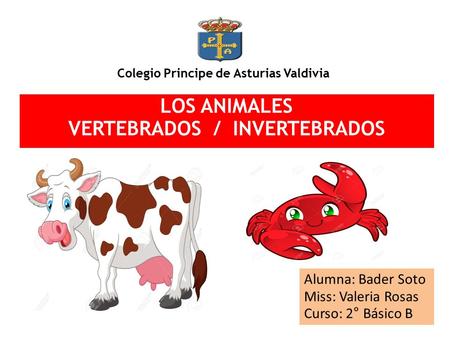 LOS ANIMALES VERTEBRADOS / INVERTEBRADOS Colegio Principe de Asturias Valdivia Alumna: Bader Soto Miss: Valeria Rosas Curso: 2° Básico B.