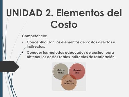 UNIDAD 2. Elementos del Costo Competencia: Conceptualizar los elementos de costos directos e indirectos. Conocer los métodos adecuados de costeo para obtener.