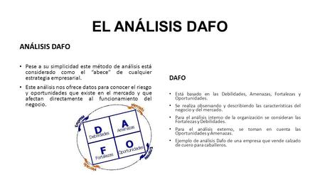 EL ANÁLISIS DAFO ANÁLISIS DAFO Pese a su simplicidad este método de análisis está considerado como el “abece” de cualquier estrategia empresarial. Este.