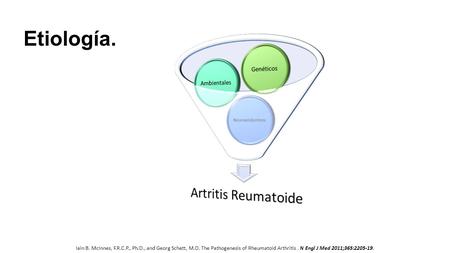 Etiología. Iain B. McInnes, F.R.C.P., Ph.D., and Georg Schett, M.D. The Pathogenesis of Rheumatoid Arthritis. N Engl J Med 2011;365: