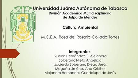 Universidad Juárez Autónoma de Tabasco División Académica Multidisciplinaria de Jalpa de Méndez Cultura Ambiental M.C.E.A. Rosa del Rosario Collado Torres.