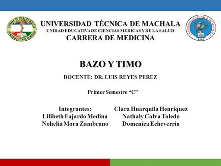 UNIVERSIDAD TÉCNICA DE MACHALA UNIDAD EDUCATIVA DE CIENCIAS MEDICAS Y DE LA SALUD CARRERA DE MEDICINA BAZO Y TIMO DOCENTE: DR. LUIS REYES PEREZ Integrantes: