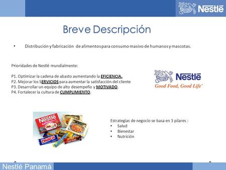 Name of chairman Nestlé Panamá Breve Descripción Distribución y fabricación de alimentos para consumo masivo de humanos y mascotas. Estrategias de negocio.