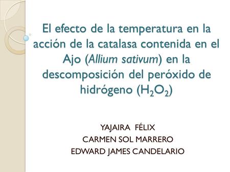 El efecto de la temperatura en la acción de la catalasa contenida en el Ajo (Allium sativum) en la descomposición del peróxido de hidrógeno (H 2 O 2 )