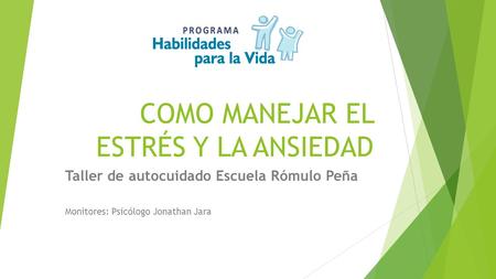 COMO MANEJAR EL ESTRÉS Y LA ANSIEDAD Taller de autocuidado Escuela Rómulo Peña Monitores: Psicólogo Jonathan Jara.