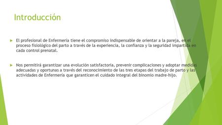 Introducción  El profesional de Enfermería tiene el compromiso indispensable de orientar a la pareja, en el proceso fisiológico del parto a través de.