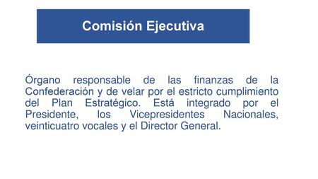 Comisión Ejecutiva Órgano responsable de las finanzas de la Confederación y de velar por el estricto cumplimiento del Plan Estratégico. Está integrado.
