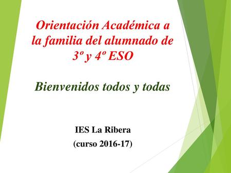 Orientación Académica a la familia del alumnado de 3º y 4º ESO Bienvenidos todos y todas IES La Ribera (curso 2016-17)